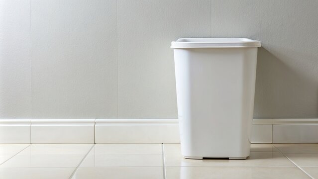 sleek, disposal,white, minimalist, flat surface, tile floor, household, design, plastic, object, A white plastic rubbish bin with a clean and simple design sitting on a sleek tile floor
