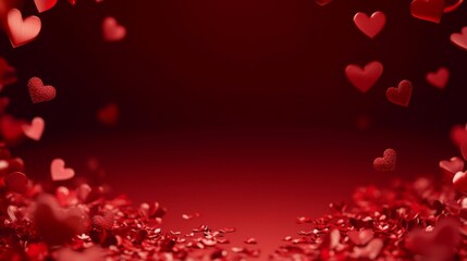 A vivid red romantic scene with scattered heart shapes floating in the air. This image creates a heartwarming and passionate ambiance perfect for Valentine's themes.