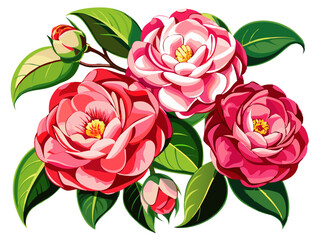 Vibrant Camellia Flower With Green Leaves Illustration - Vibrant illustration featuring beautiful camellia flower in full bloom surrounded by lush green leaves, showcasing nature's elegance and color.