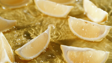 Top down view of lemon slices splashing in water on yellow background. Close up of fresh lemon sliced placing at separated yellow background with water pouring and splash. Citrus freshness. Pabulum.