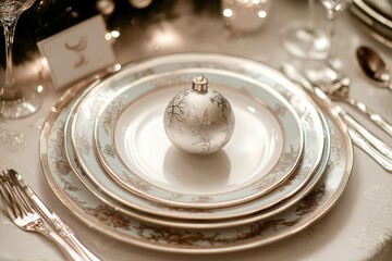 a luxurious christmas table setting with a fine china plate, a set of sterling silver cutlery, and a delicate glass ornament in the center on a creamy white background illustration