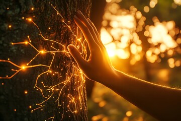 Woman touching glowing tree trunk with golden lights in forest at sunset