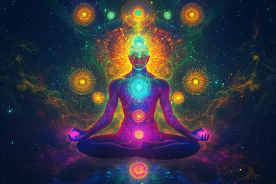 A silhouette sitting in a meditative pose with colorful chakra points illuminated, surrounded by a vivid, cosmic backdrop conveying spiritual awakening and inner peace.