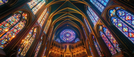 Obraz premium Majestic Gothic Cathedral with Vibrant Stained Glass Windows in