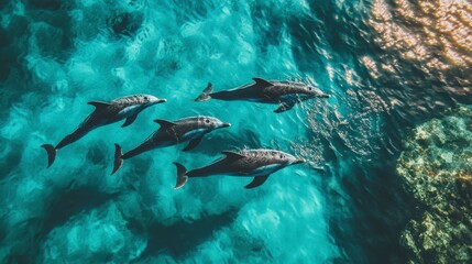 Fototapeta premium A group of dolphins swimming through the turquoise waters of a lagoon, with the vibrant colors of the water reflecting the sunlight.