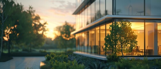 Fototapeta premium Futuristic Office Building with Glass Facade in Stunning