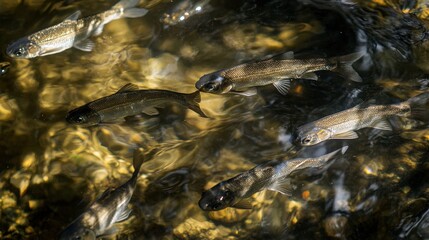 A group of small fish swimming in a shallow stream, with sunlight creating shimmering patterns on the water's surface.
