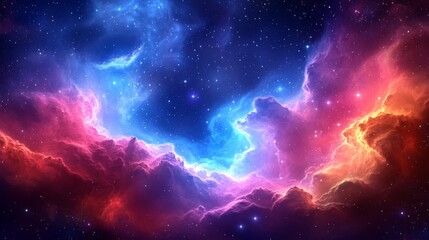 Fototapeta premium An ethereal cosmic nebula image showcasing vibrant and swirling galaxies, blended with shades of red, blue, and purple, presenting the intriguing wonders of the universe.