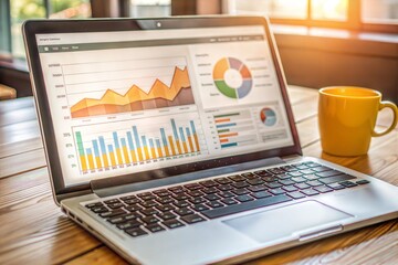 Laptop with business charts and coffee cup