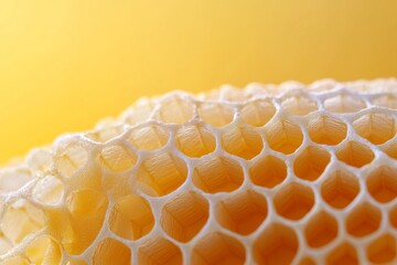 a macro shot of a single, delicate honeycomb cell on a warm yellow background, the cell's intricate patterns and texture visible