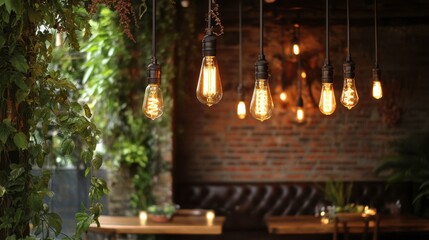 Obraz premium A group of vintage Edison bulbs hanging from exposed wires, creating a warm and nostalgic atmosphere in a rustic setting.