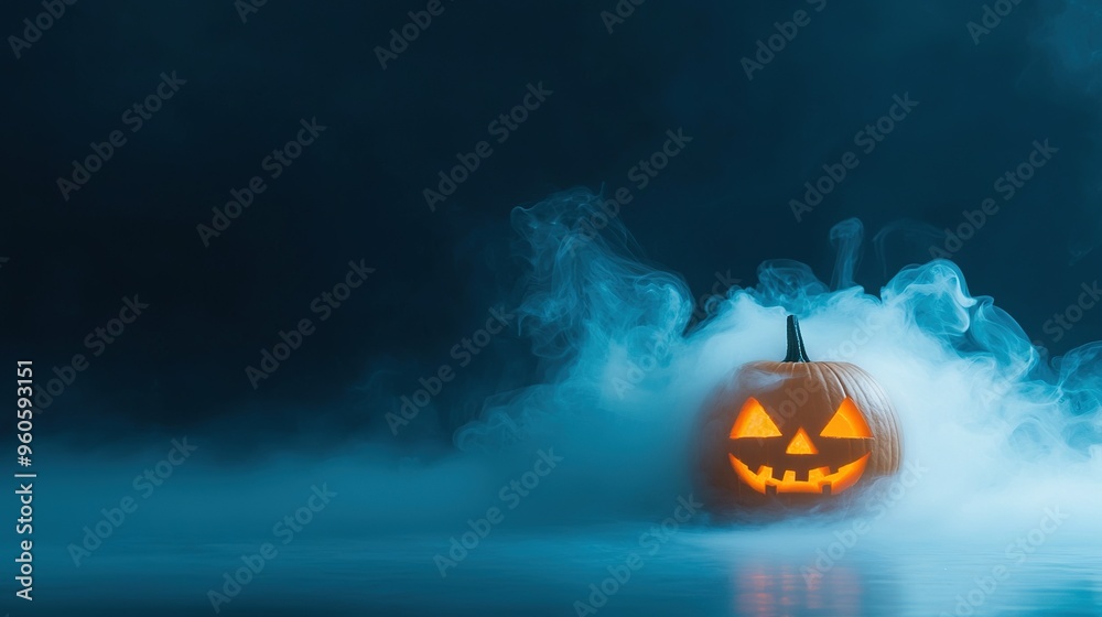 Wall mural jack o'lantern pumpkin atop water with smoke