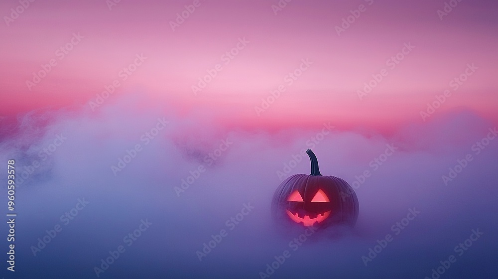 Sticker a jack-o'-lantern in a foggy sky with a pink backdrop