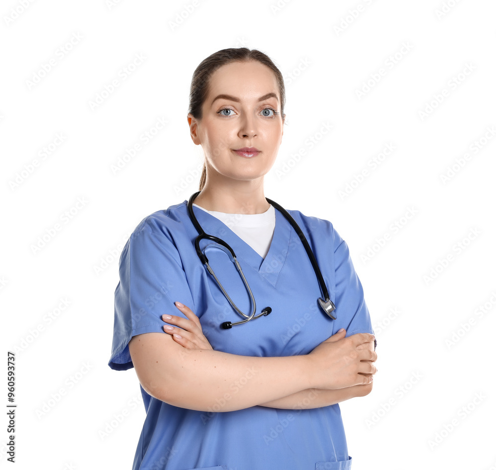 Sticker Portrait of professional nurse with stethoscope on white background