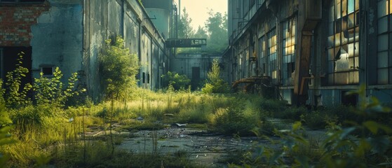 Nature Reclaims: Abandoned factory with overgrown vegetation in