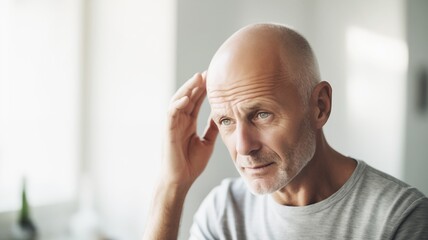 Contemplative mature male with hand on head looking away and thinking deeply about life while standing in the home interior space.