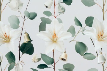 a modern and minimalist seamless design featuring stylized illustrations of amaryllis flowers, eucalyptus leaves, and simple christmas bells, arranged in a geometric pattern on a soft gray