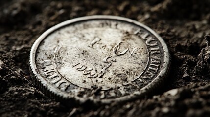 A close-up of an aged coin partially buried in the soil, depicting historical value, the passage of time, and a sense of discovery, ideal for heritage and archaeology themes.