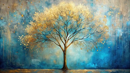 gold, decor, contemporary, painting, blue, wall art, Abstract winter tree painted with gold and blue hues creating a mesmerizing wall art piece for a contemporary decor