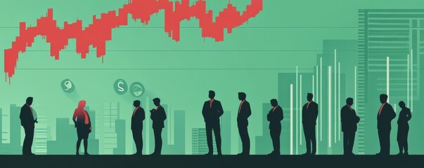 Silhouetted business people with a rising graph in a cityscape background