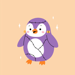 Cartoon vector penguin in frankenstein monster costume for halloween, kawai and cartoon style illustrations