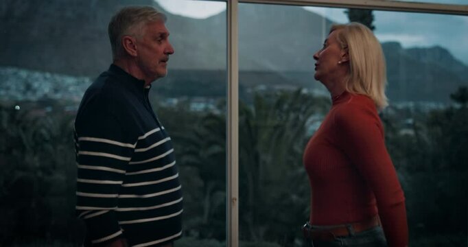 Home, senior couple and argument with fighting, divorce and cheating with stress, burnout and angry. Apartment, anxiety and man with woman, emotion and reaction with retirement, upset and conflict