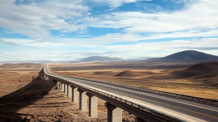 A long bridge stretching across a desert landscape, with the road disappearing into the horizon.