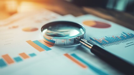 Close-up of a magnifying glass on intricate financial charts and graphs showcasing economic data trends and insights.