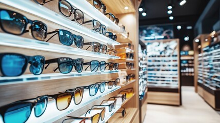A stunning display of fashionable sunglasses showcased on glass shelves in an upscale eyewear retail store with various styles.