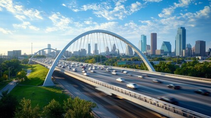Fototapeta premium A modern steel bridge arching over a busy highway, with cars speeding underneath and the city skyline in the distance.