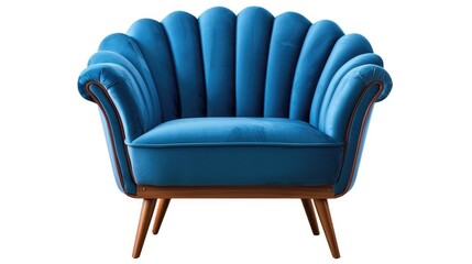 Fototapeta premium Art Deco style blue velvet armchair isolated on white background with wooden legs.