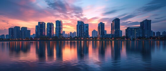 Obraz premium Golden Sunrise Over Urban Skyline in Crystal Clear with Stunning Reflections