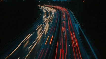 A night shot of a busy highway, with car headlights and taillights creating streaks of light against the dark sky.