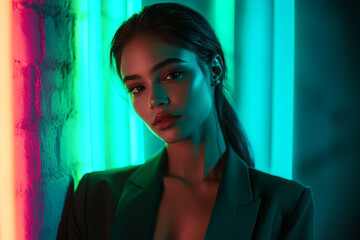 Elegant Woman in Dark Green Suit with Neon Teal Striking Lifestyle Portrait Background for Fashion Enthusiasts