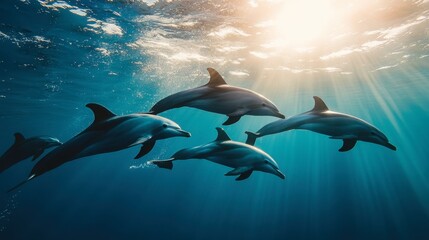 A pod of dolphins swimming together in crystal-clear blue waters, with sunlight filtering through the surface.