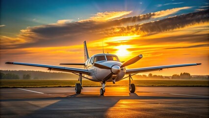 Fototapeta premium ready to take off, travel, transportation, high angle, warm glow, A small plane is parked on a runway its engine running and propellers spinning basking in the warm glow of the sunrise
