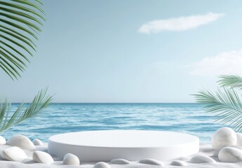 Beautiful summer background with white sand, stones, and palm leaves on the beach