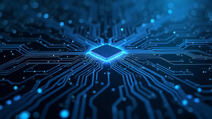 Abstract background of blue and black colors with a dark, glowing digital matrix pattern and computer chip texture. High-tech, futuristic abstract technology concept banner