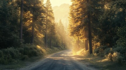 Obraz premium A road through a mountain forest, with tall, dense trees on either side and the sun filtering through the branches.