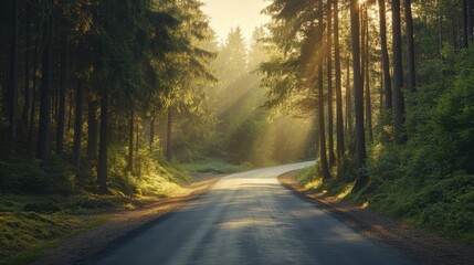 Fototapeta premium A road through a mountain forest, with tall, dense trees on either side and the sun filtering through the branches.