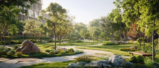 Serene Urban Park: Modern Sculptures and Pathways in Crystal Clear