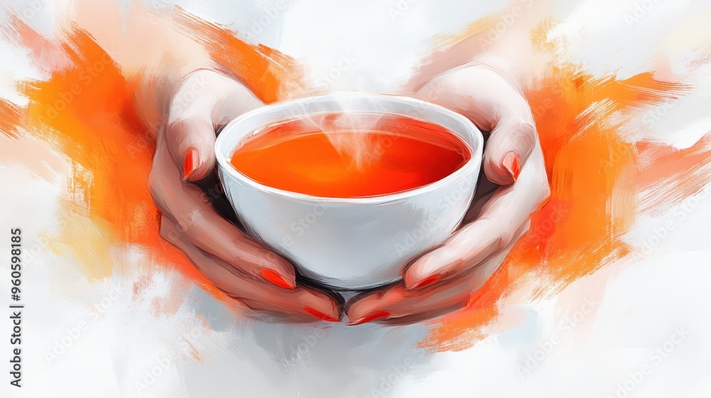 Wall mural A painting of a woman's hands holding up a cup with orange liquid, AI