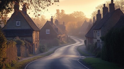 Fototapeta premium A road through a quiet village at dawn, with soft light bathing the houses and a few early risers out for a walk.