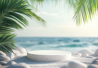 Obraz premium Beautiful summer background with white sand, stones, and palm leaves on the beach
