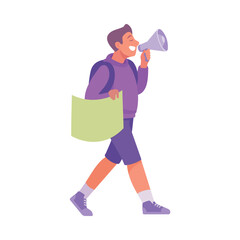 Man Participate in Demonstration with Banner and Megaphone Vector Illustration