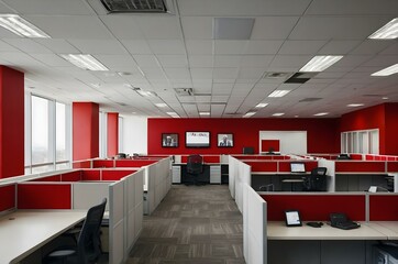 An empty red call center with rows of desks and chairs. Headsets and computer screens are neatly arranged, ready for the next work shift in the calm, organized workspace.