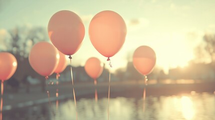   A group of pink balloons perched atop a table beside a serene lake during a picturesque sunset