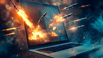 Explosive Cyber Attack Laptop Flames Missiles Digital Warfare Battle