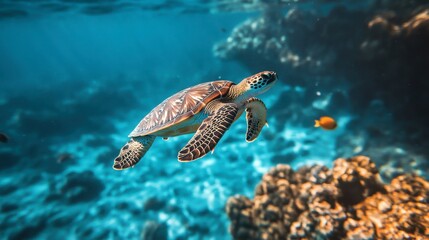 Fototapeta premium A sea turtle swimming gracefully through clear blue ocean waters, with coral reefs and small fish in the background.