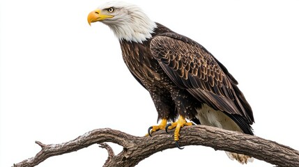 A bald eagle perched on a high branch, looking down,on white background.